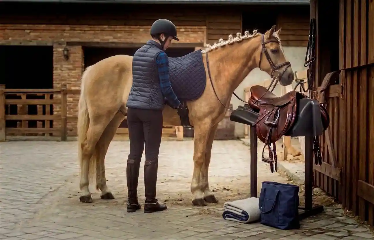 Rider saddling up their horse with saddle on saddle stand near by